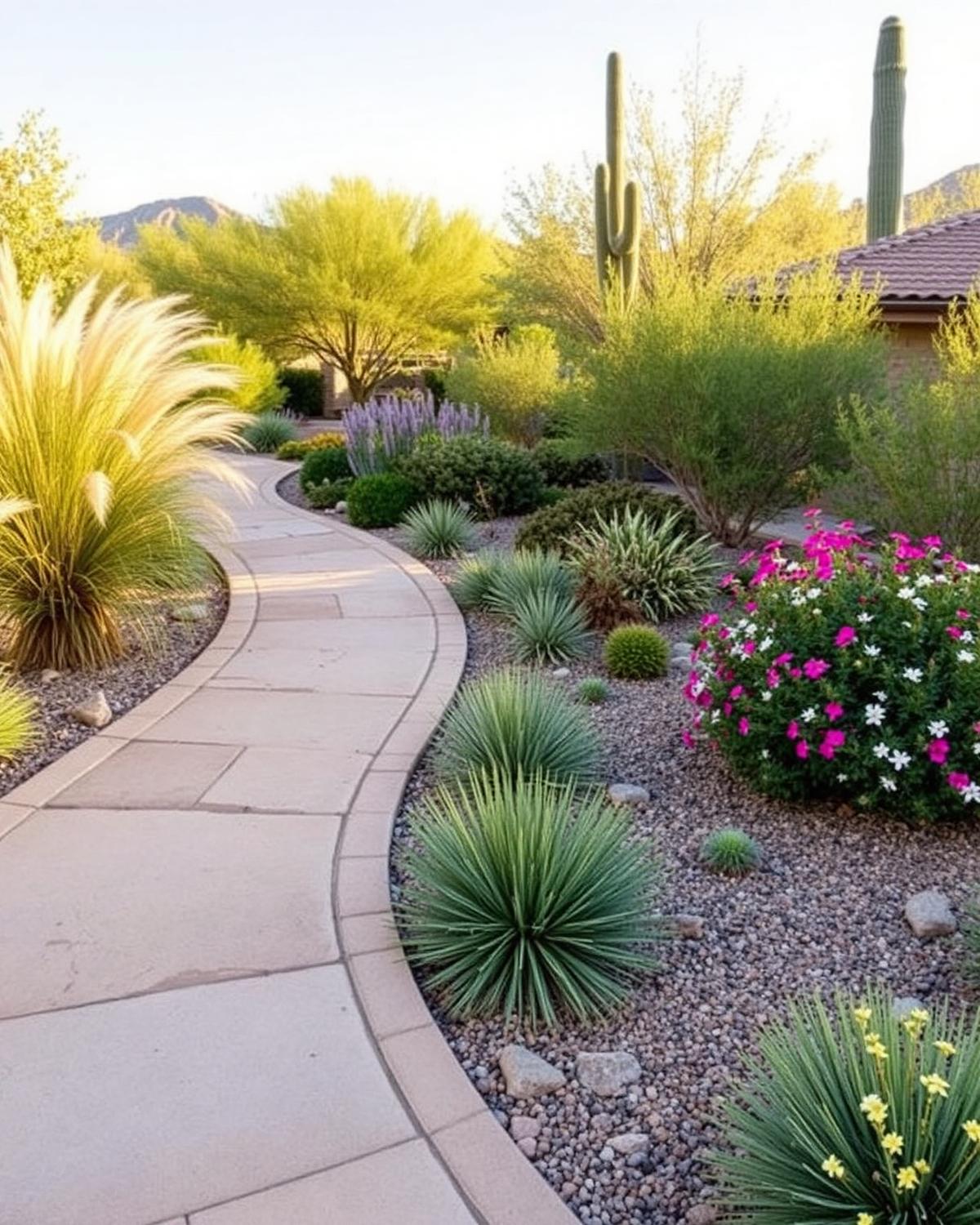 Curved stone walkway with desert luxury landscaping