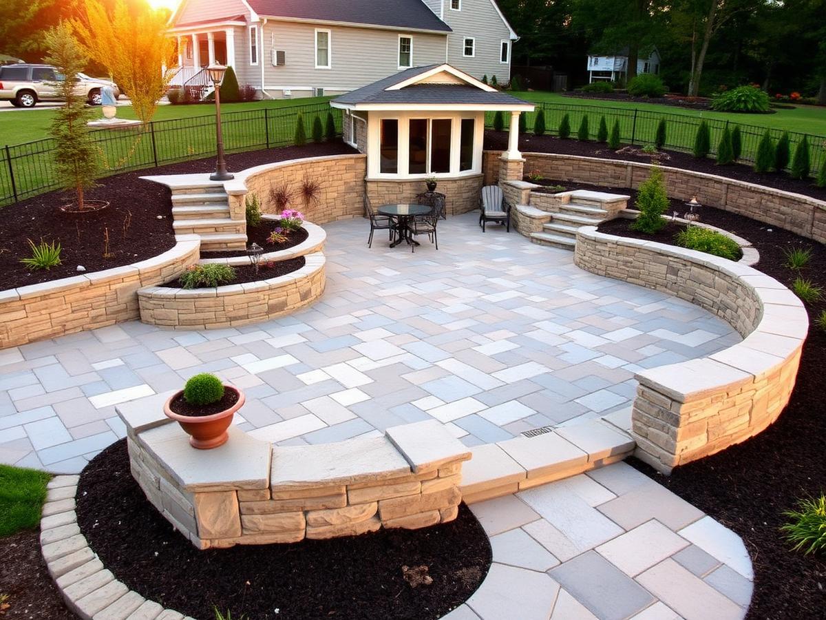 Flagstone patio with stacked stone retaining walls