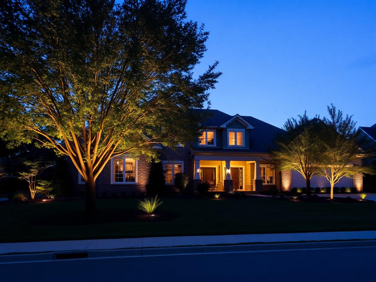 Luxury front yard with landscape uplighting at twilight