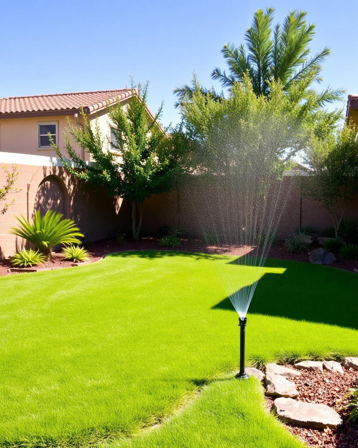 Lush green lawn with irrigation system running