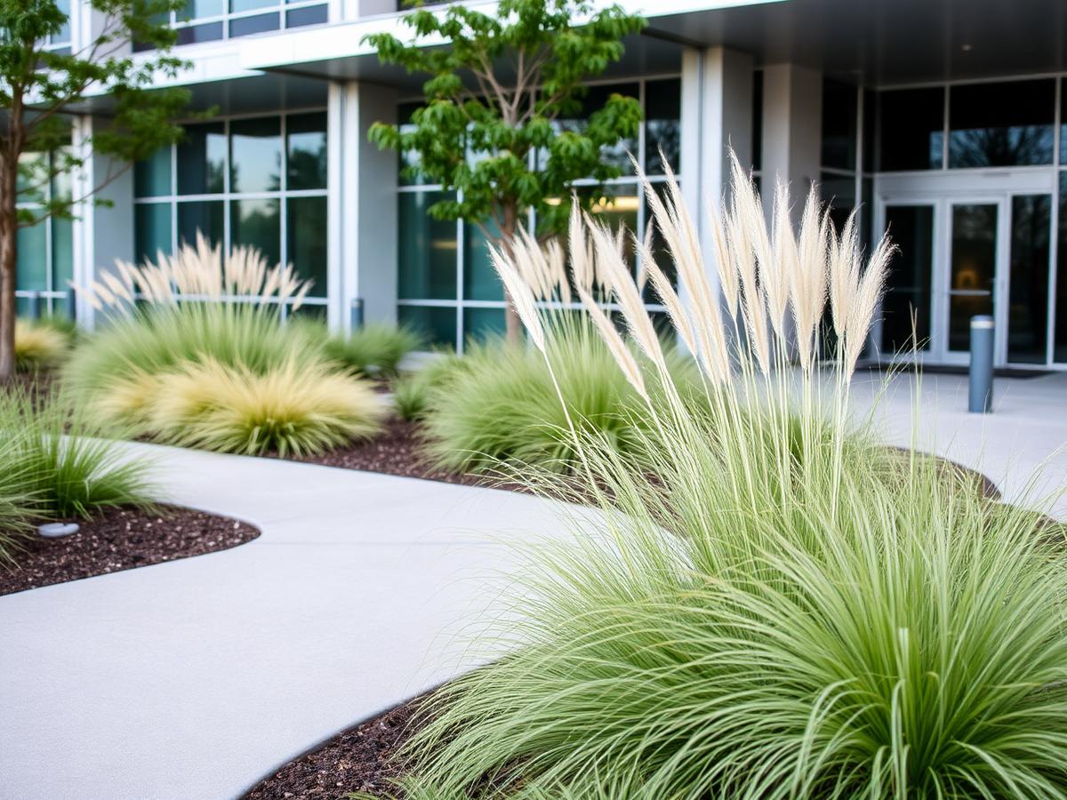 Commercial property landscape with ornamental grasses