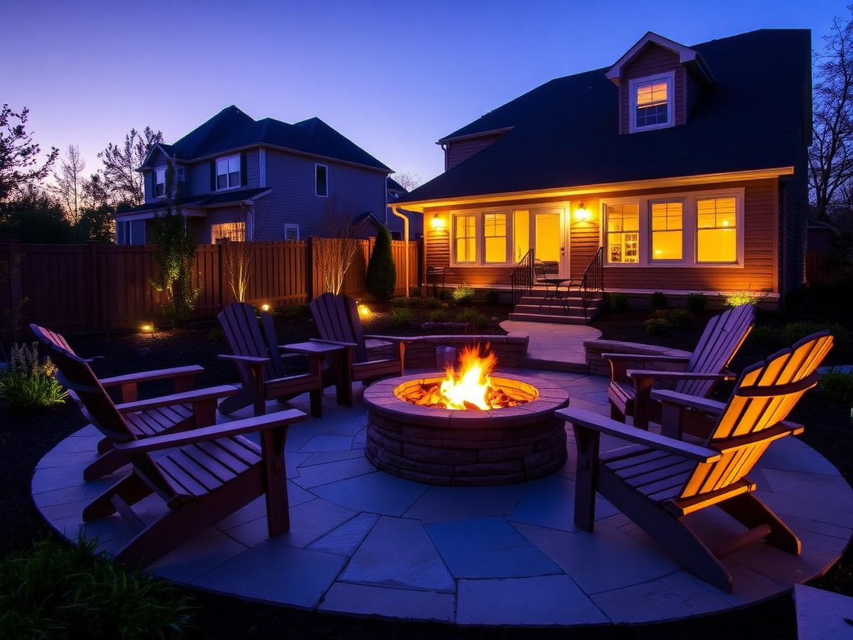 Backyard fire pit with Adirondack seating at dusk