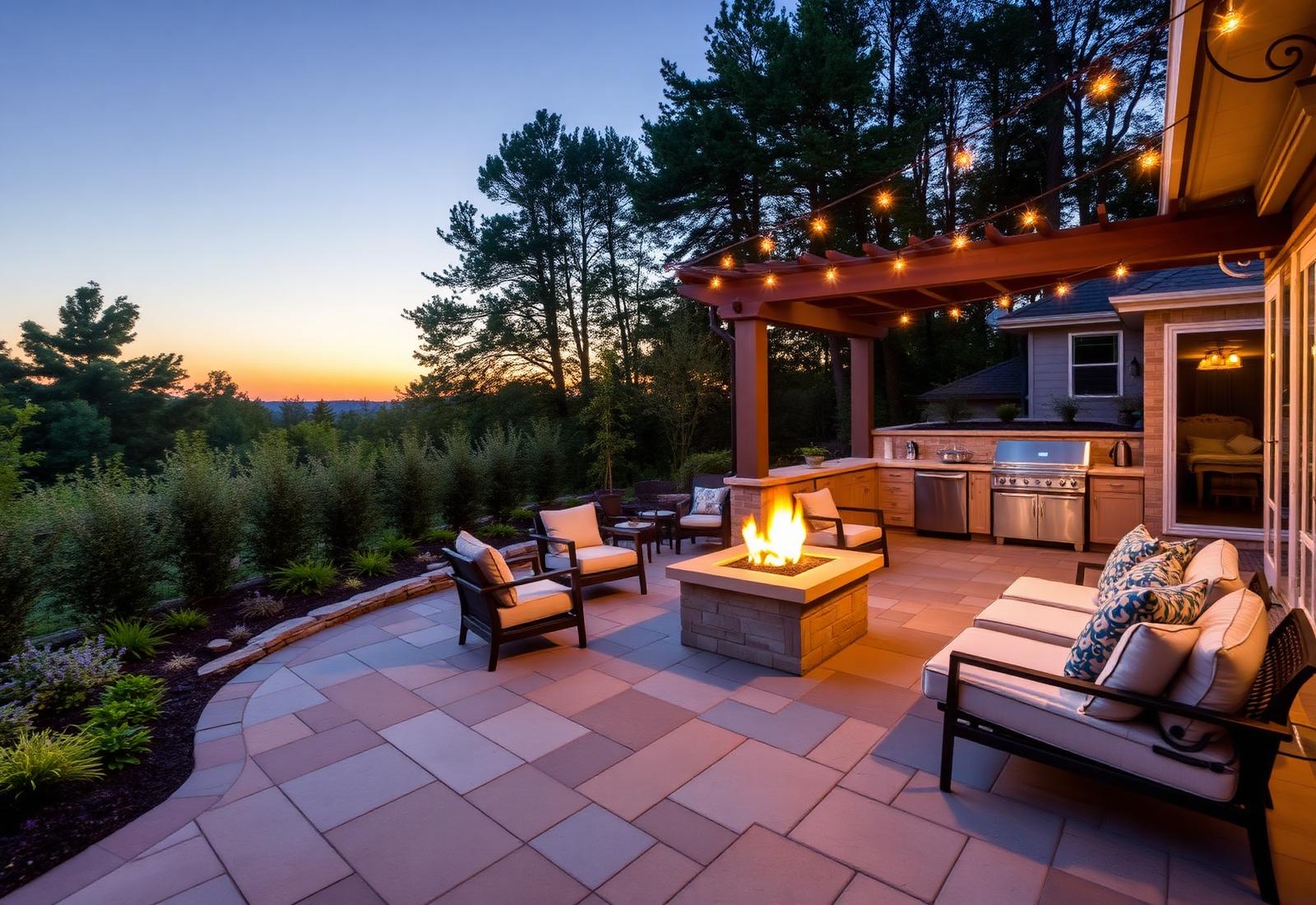 Premium outdoor living patio with fire pit and outdoor kitchen at dusk